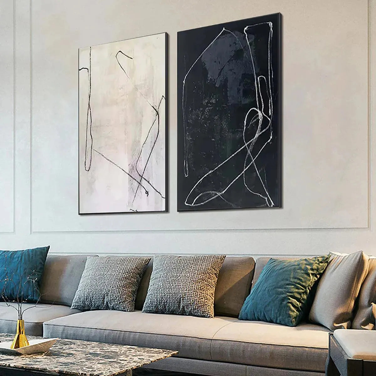 Black and White Wabi-Sabi Abstract Oil Painting – Minimalist Abstract Duo
