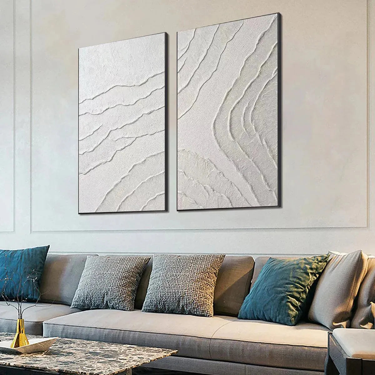 White Wabi-Sabi Abstract Textured Oil Painting – White Textured Lines Diptych
