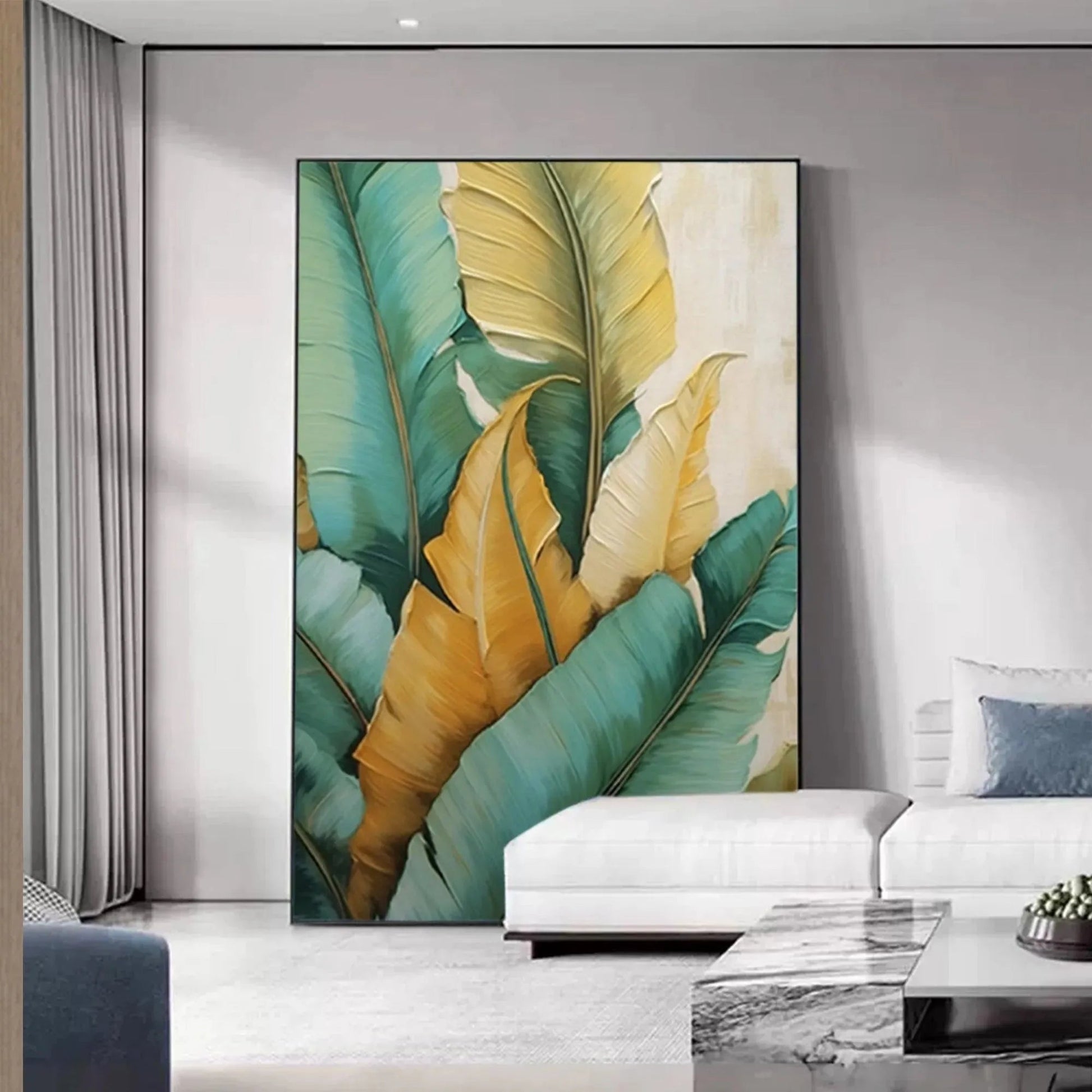 Tropical Abundance hand-painted green, gold and yellow textured botanical painting shown as stretched canvas