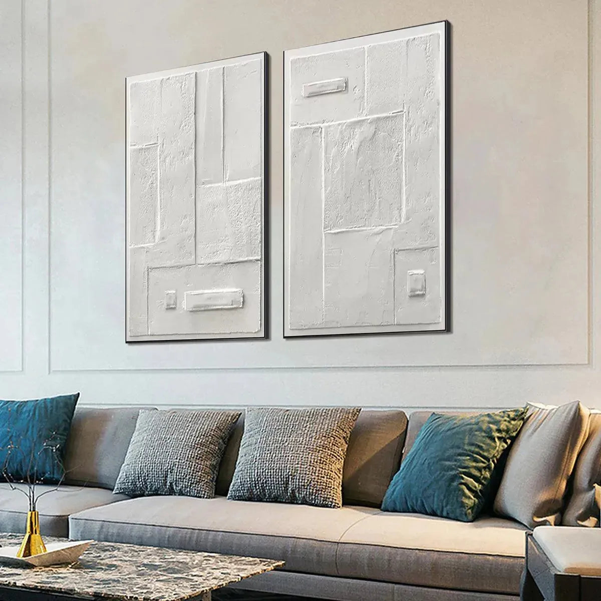 White Wabi-Sabi Abstract Textured Oil Painting – White Textured Vertical Diptych