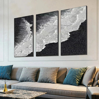 Black & White Ocean Triptych hand-painted white and black textured coastal abstract painting shown with white frame