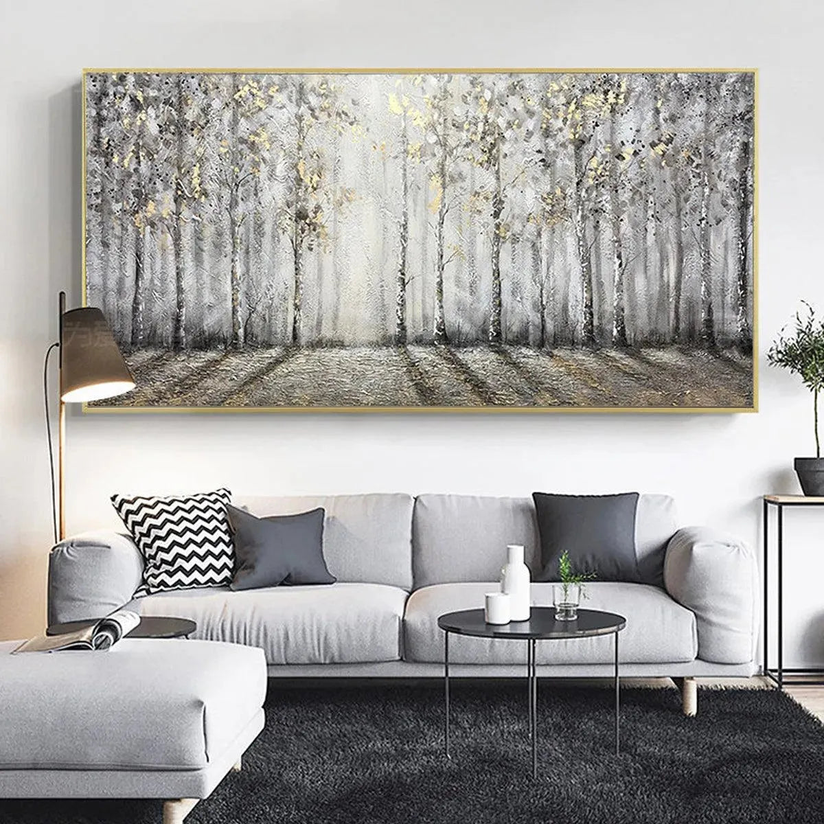 Golden Birchwood hand-painted gold and ivory textured forest landscape painting shown with black frame