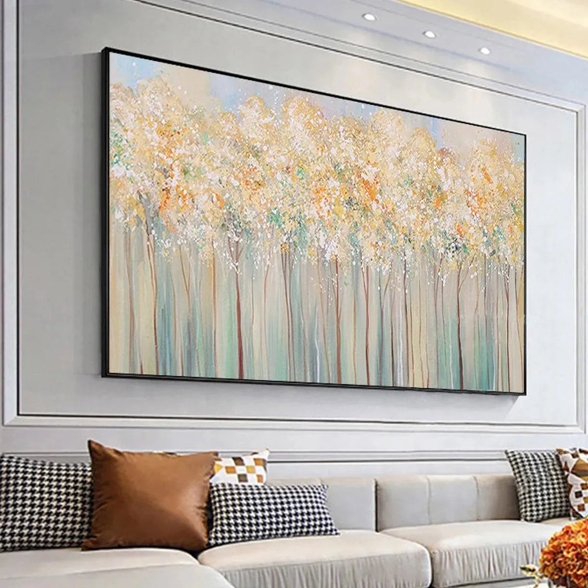 Aspen Glow hand-painted forest green, soft grey and warm earth tones textured forest landscape painting shown with black frame