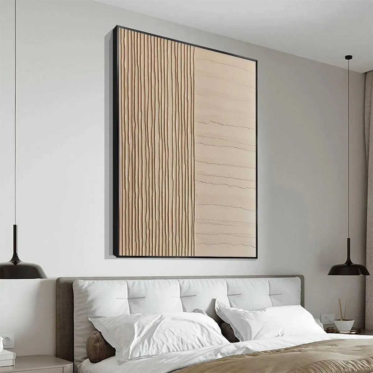 Beige Wabi-Sabi Abstract Textured Oil Painting – Textured Beige Lines