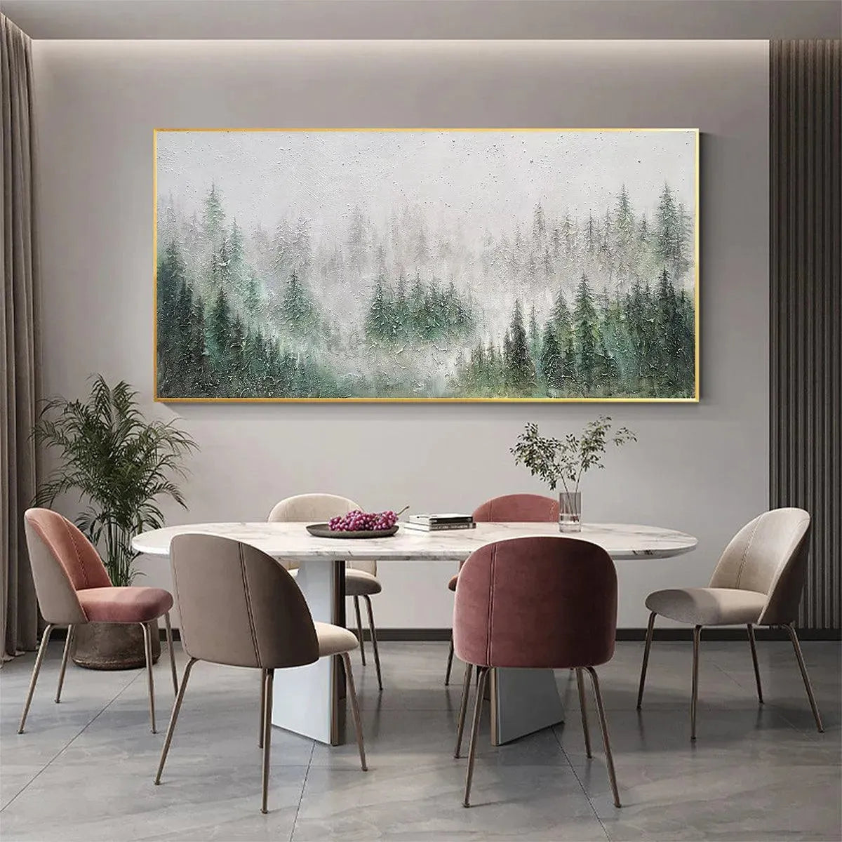 Emerald Mist hand-painted emerald green and ivory textured forest landscape painting shown with white frame