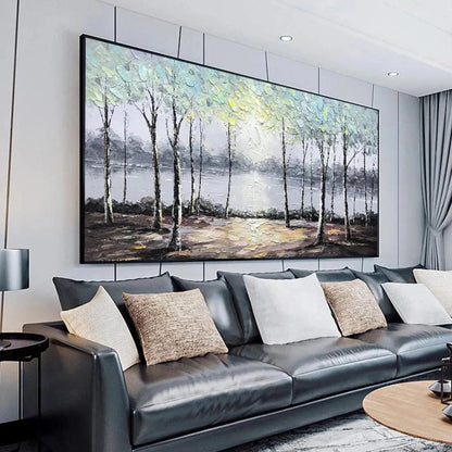 Serene Waters hand-painted ocean blue and green textured forest landscape painting shown with white frame