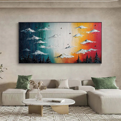 Chromatic Ascension hand-painted crimson, golden yellow, turquoise and violet textured mountain landscape painting shown with white frame