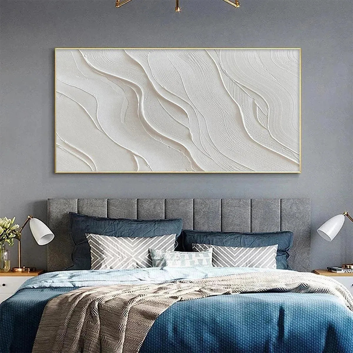Serene Ripples hand-painted white and soft beige textured coastal abstract painting shown as stretched canvas