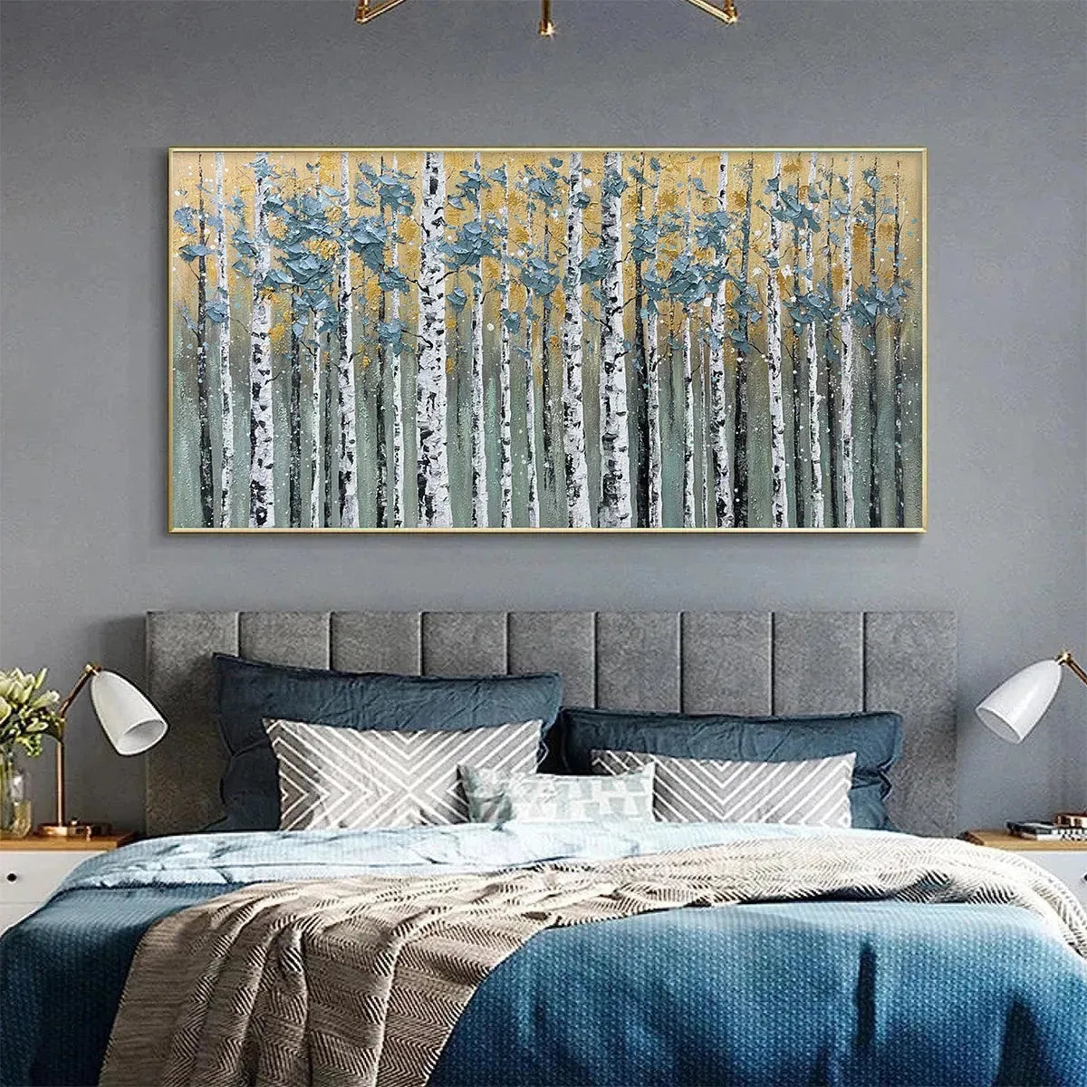 Golden Birch Grove hand-painted white, green and gold textured forest landscape painting rolled canvas option