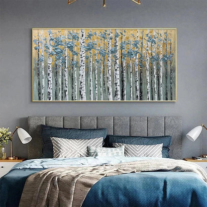 Golden Birch Grove hand-painted white, green and gold textured forest landscape painting rolled canvas option