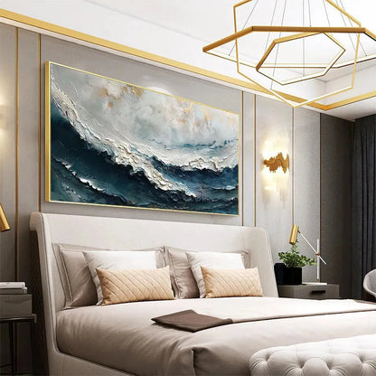 Ocean Dream hand-painted white, ocean blue and gold textured coastal abstract painting shown with wood frame