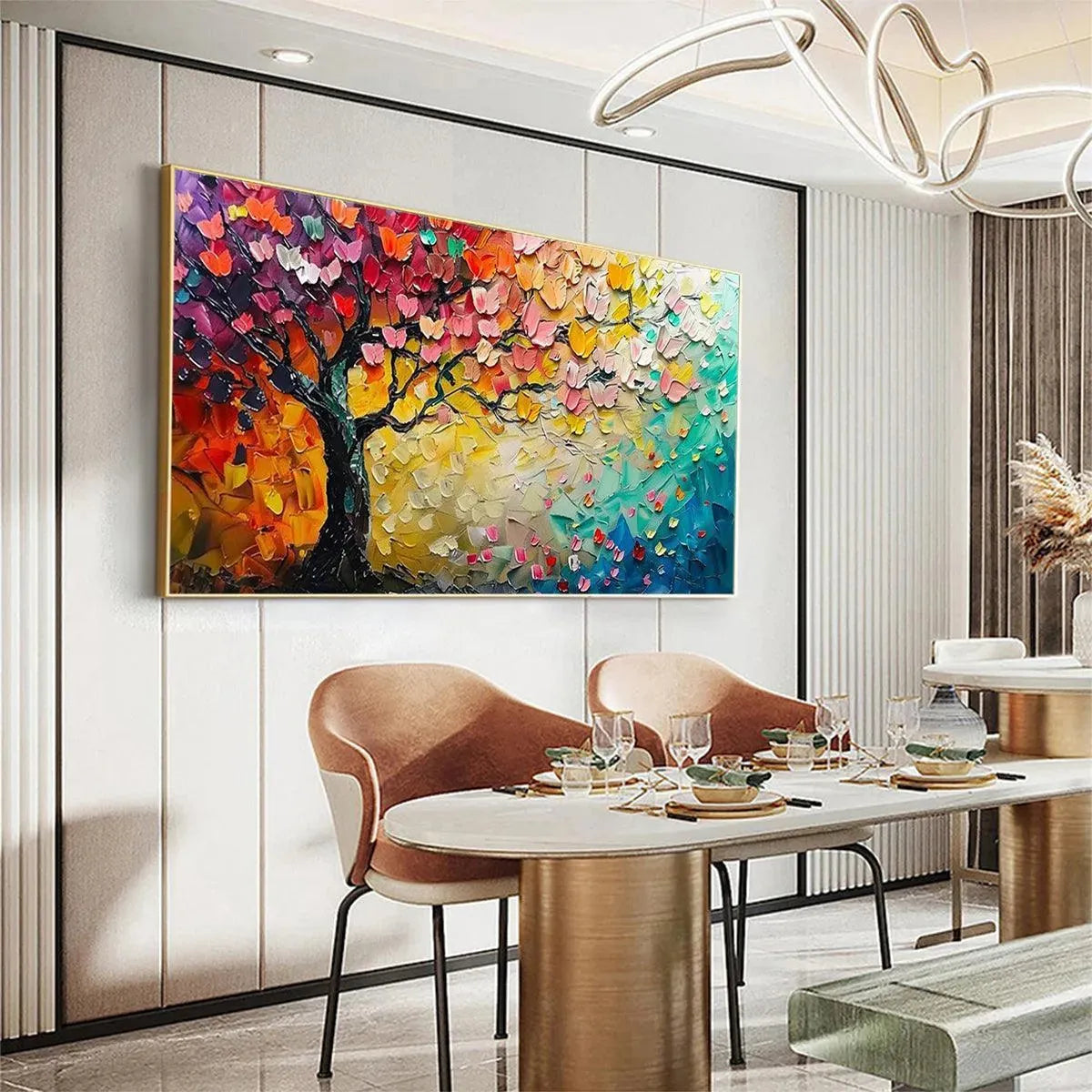 Whispers of Autumn hand-painted crimson, golden yellow, turquoise and violet textured tree painting shown with wood frame