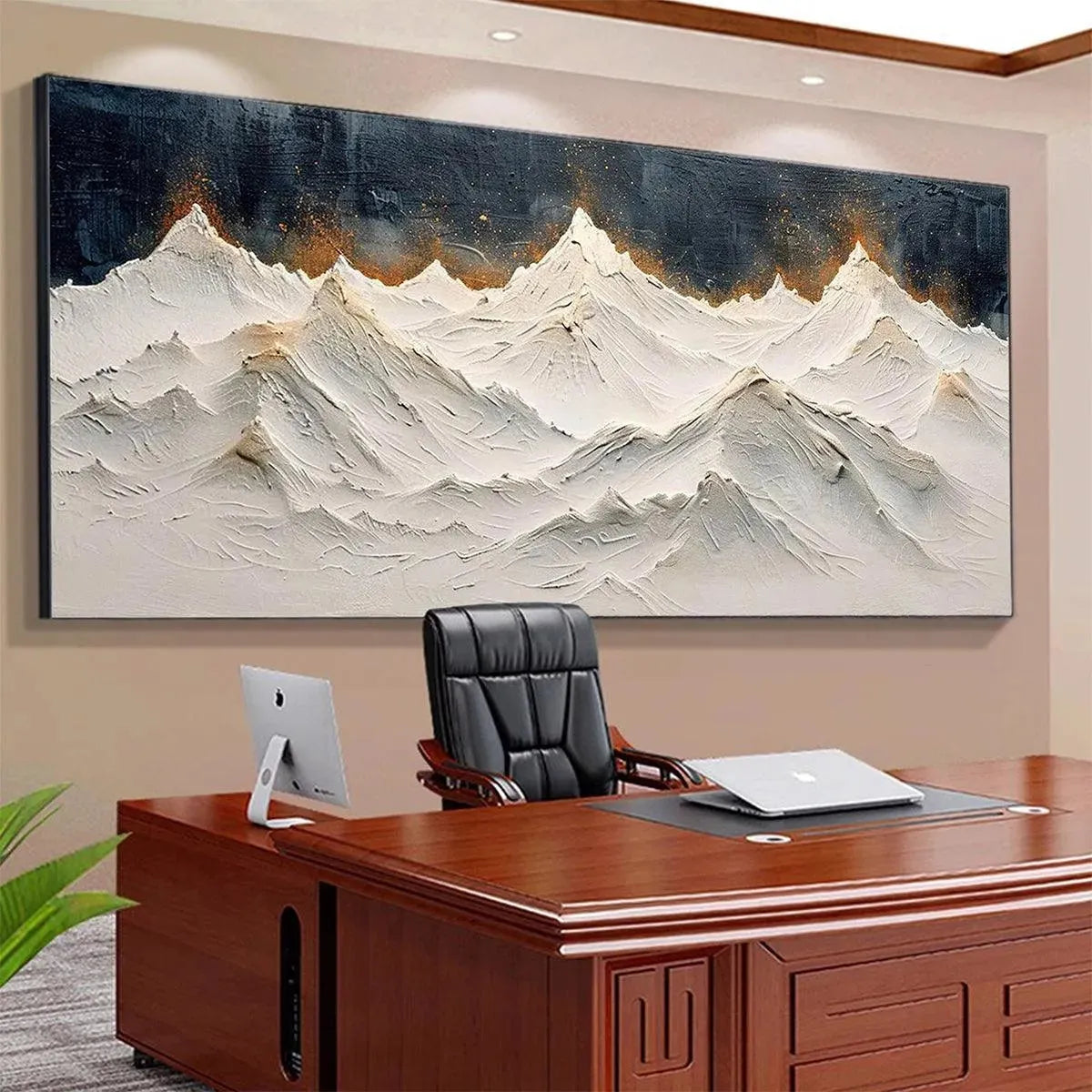 Snowy Peaks hand-painted white and gold textured mountain landscape painting shown as stretched canvas