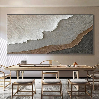 Earth Tones hand-painted white, beige, soft grey and earth brown textured coastal landscape painting shown as stretched canvas