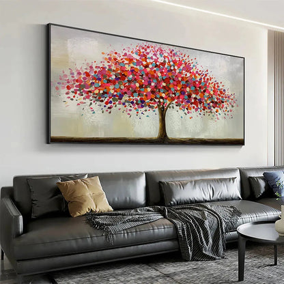 Jewel Tree hand-painted crimson, golden yellow, turquoise and violet textured tree painting shown with white frame