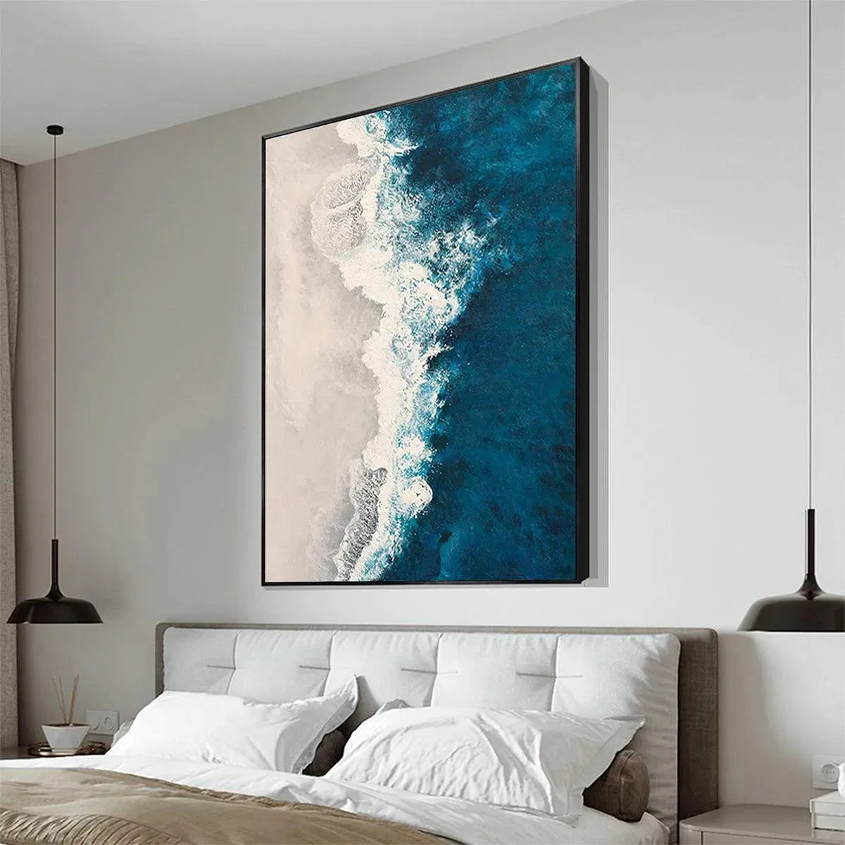 Azure Coast hand-painted beige, azure blue and ocean blue textured coastal abstract painting shown with wood frame