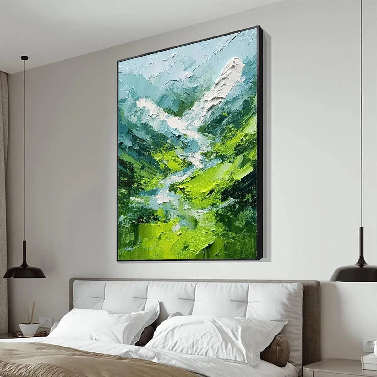 Emerald Valley hand-painted emerald green and ivory textured abstract mountain painting shown with black frame