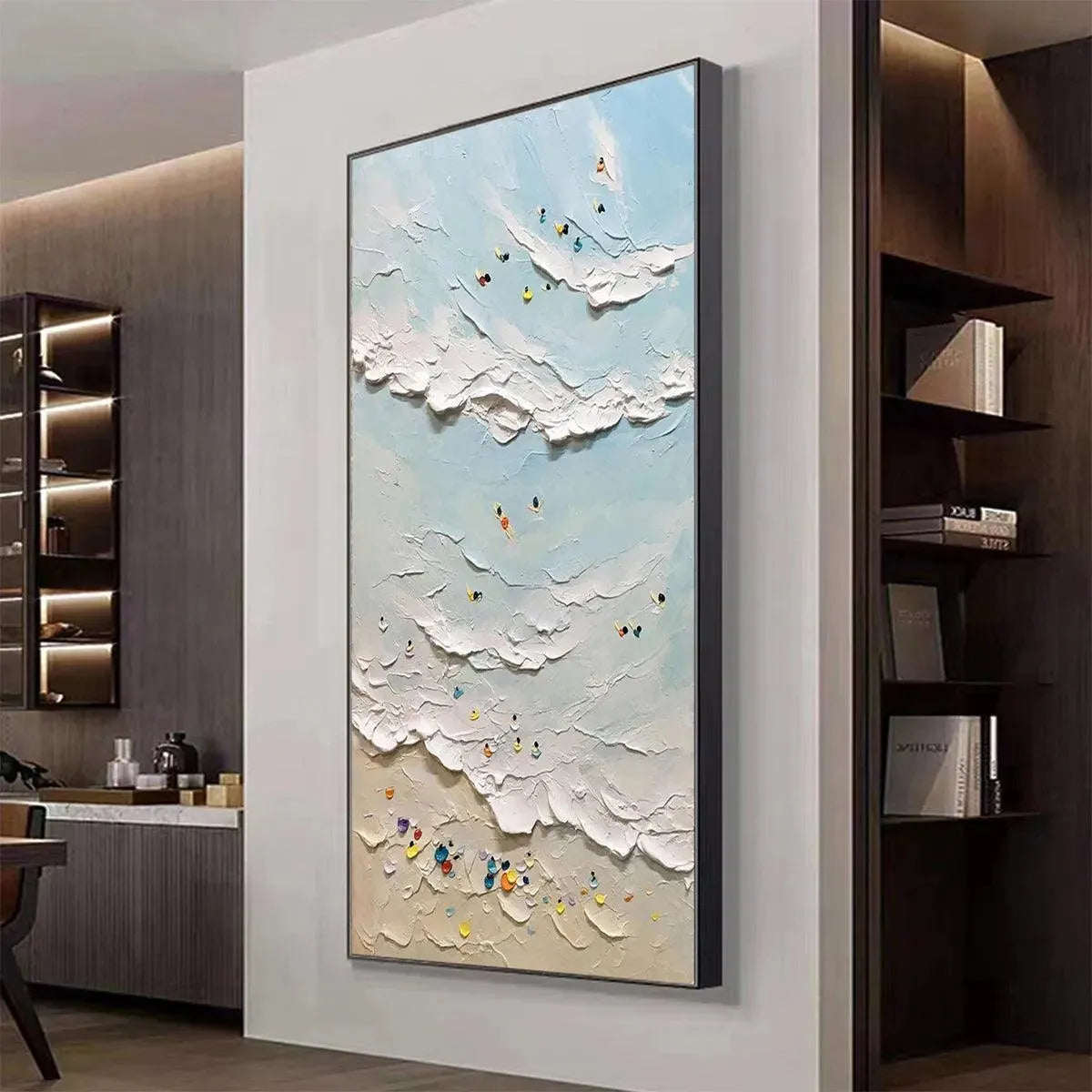 Summer Beach hand-painted ocean blue, ivory and soft neutral tones textured surfer ocean painting rolled canvas option
