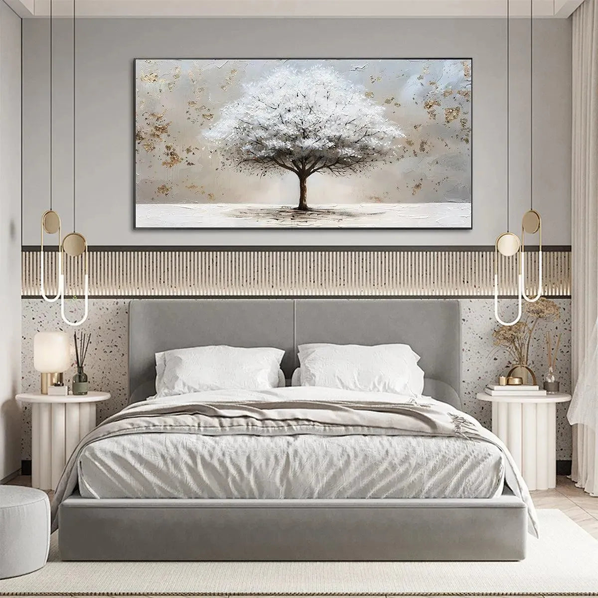 Winter's Grace hand-painted white, beige and gold textured tree painting shown with wood frame