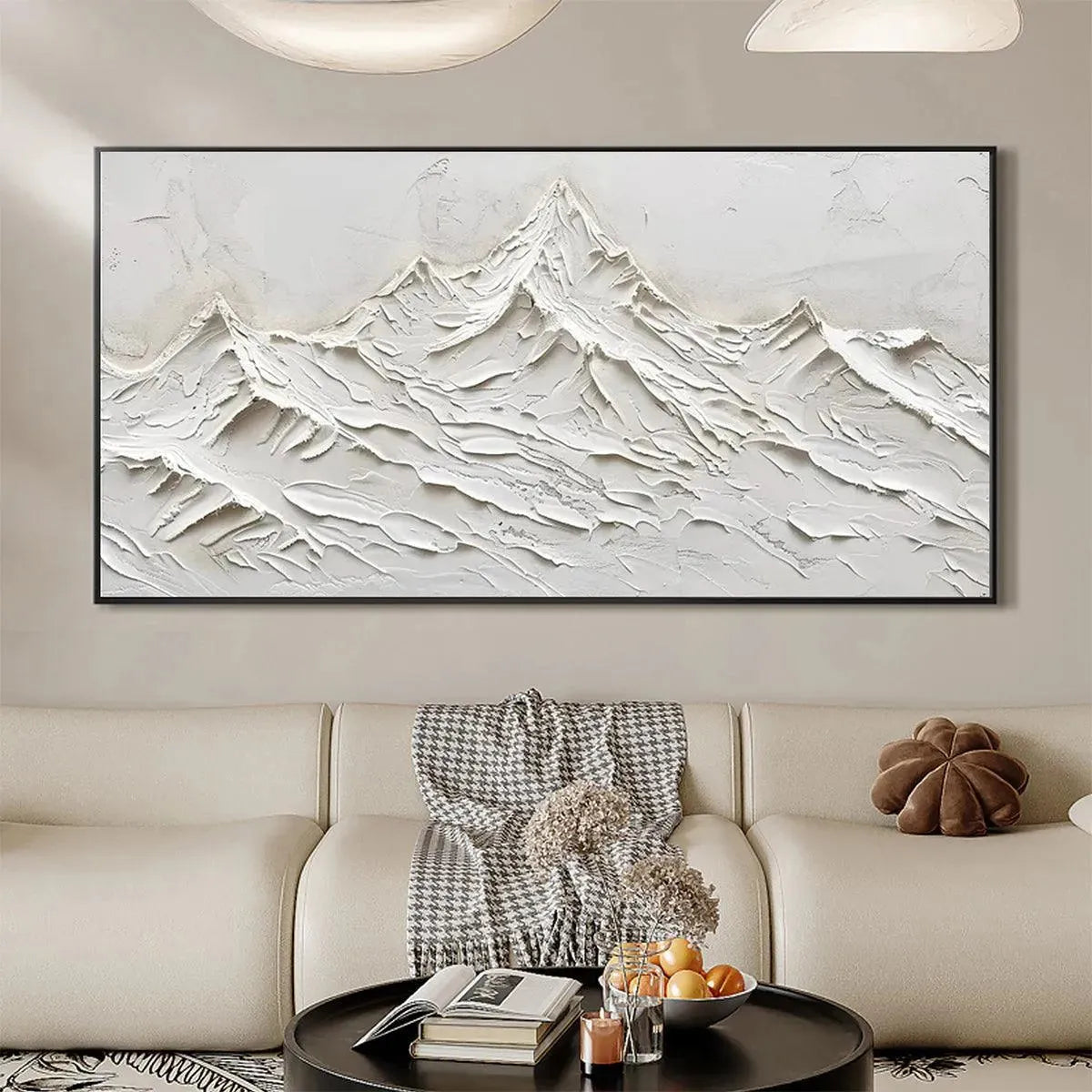 White Mountains hand-painted white and soft beige textured abstract mountain painting shown with wood frame