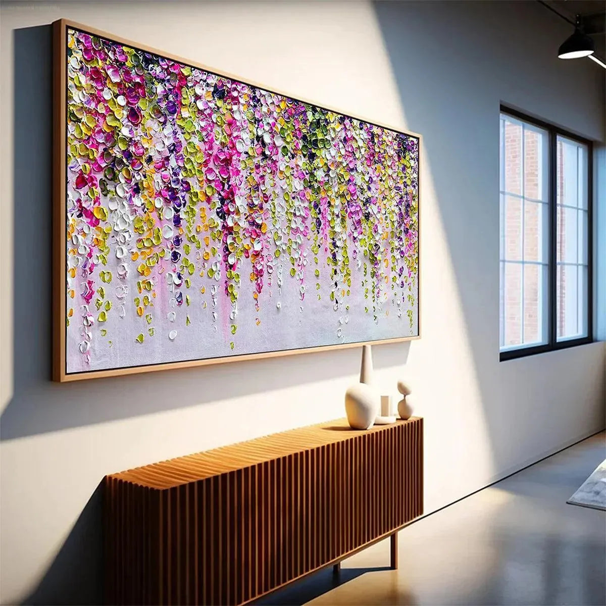 Green and Pink Wisteria Impasto Painting – Wisteria Cascade