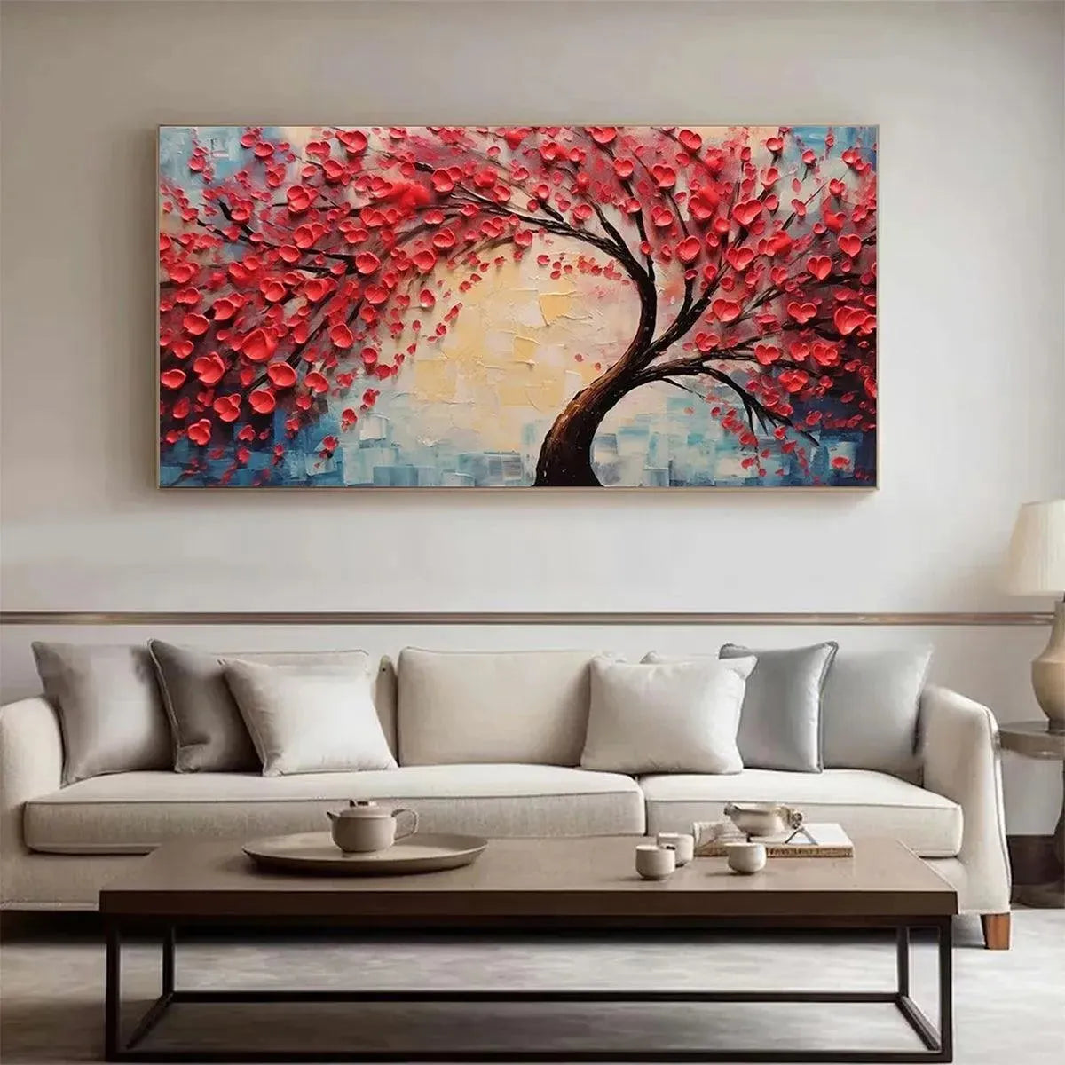 Heart Tree hand-painted red and ivory textured tree painting rolled canvas option