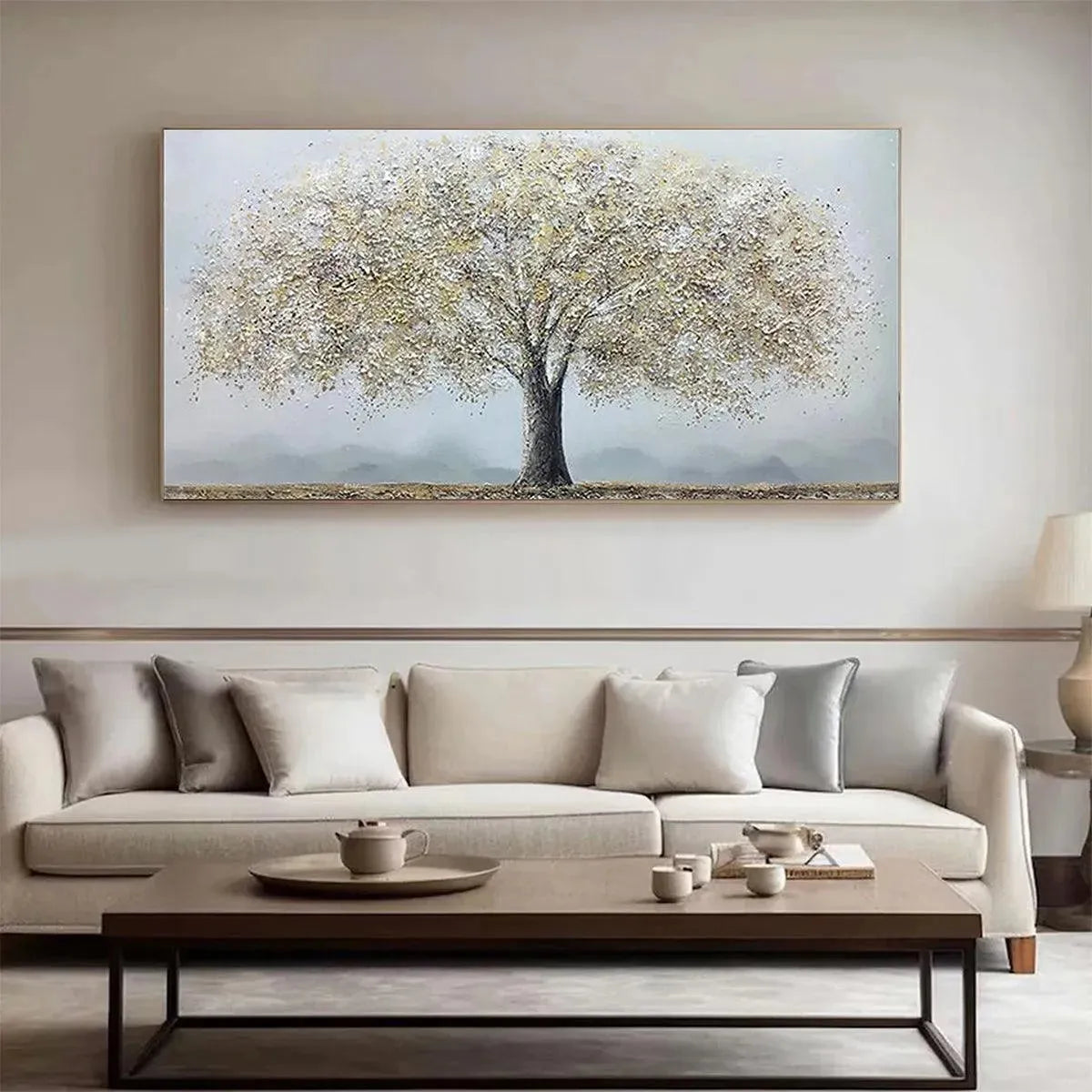 Golden Tree hand-painted soft grey and gold textured tree painting shown as stretched canvas