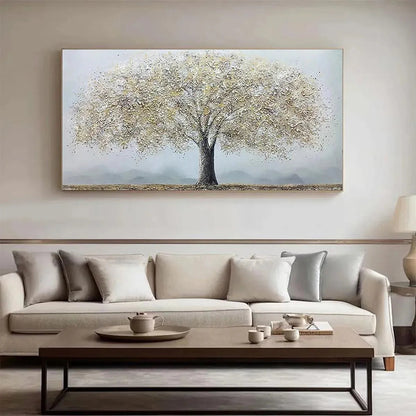 Golden Tree hand-painted soft grey and gold textured tree painting shown as stretched canvas