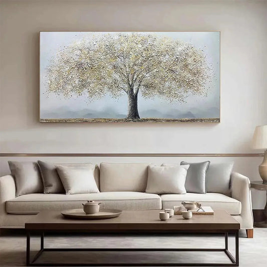 Golden Tree hand-painted soft grey and gold textured tree painting shown as stretched canvas