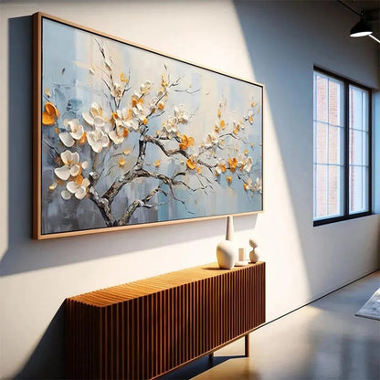 Gold and White Floral Textured Painting – Spring Blossoms