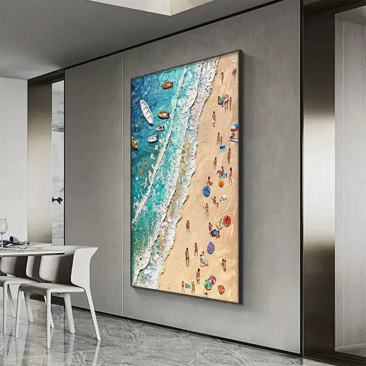 Sun-Kissed Shores hand-painted ocean blue, ivory and soft neutral tones textured beach scene painting shown with black frame