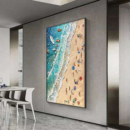 Sun-Kissed Shores hand-painted ocean blue, ivory and soft neutral tones textured beach scene painting shown with black frame