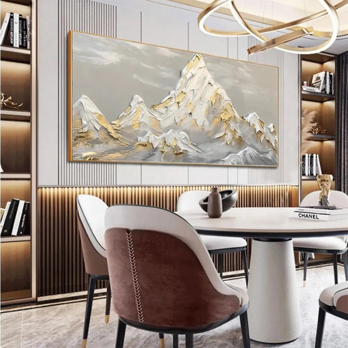 Golden Peaks hand-painted soft grey and gold textured mountain landscape painting shown with wood frame