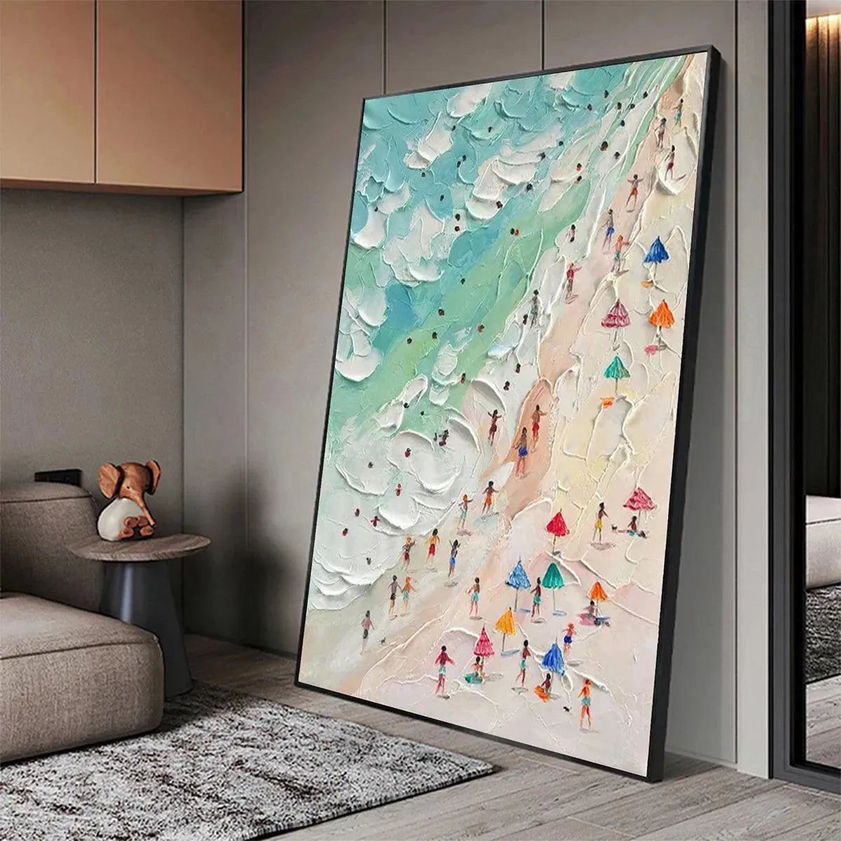 Beach Day hand-painted ocean blue, ivory and soft neutral tones textured beach scene painting shown with white frame