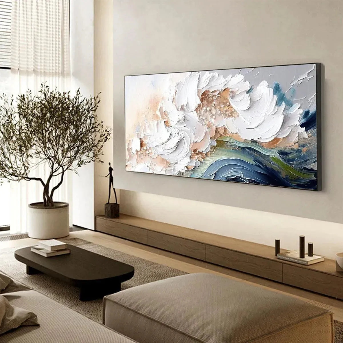 Ocean Whispers hand-painted cream, white and ocean blue textured ocean wave painting shown with gold frame