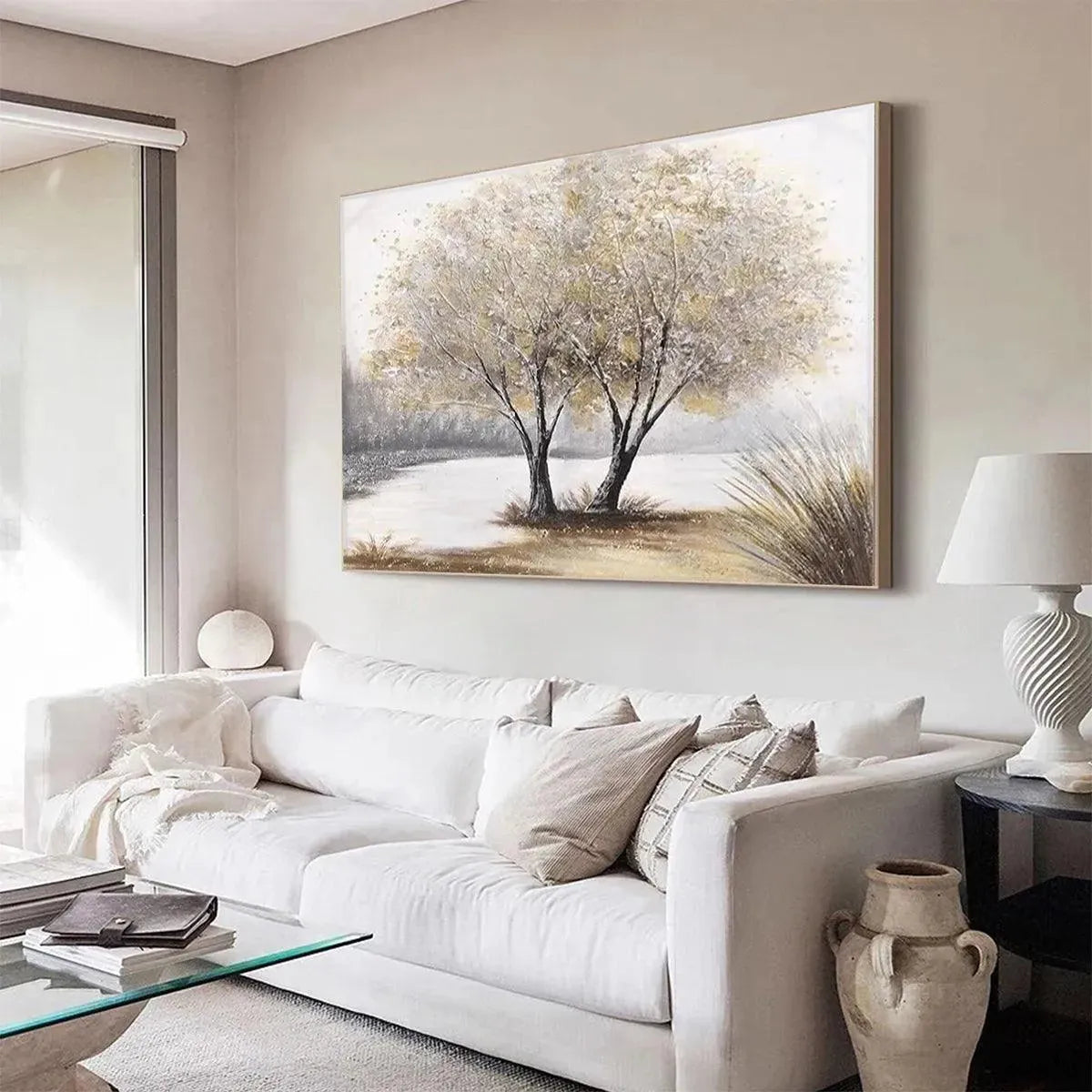 Twilight Trees hand-painted forest green, soft grey and warm earth tones textured forest landscape painting shown with gold frame
