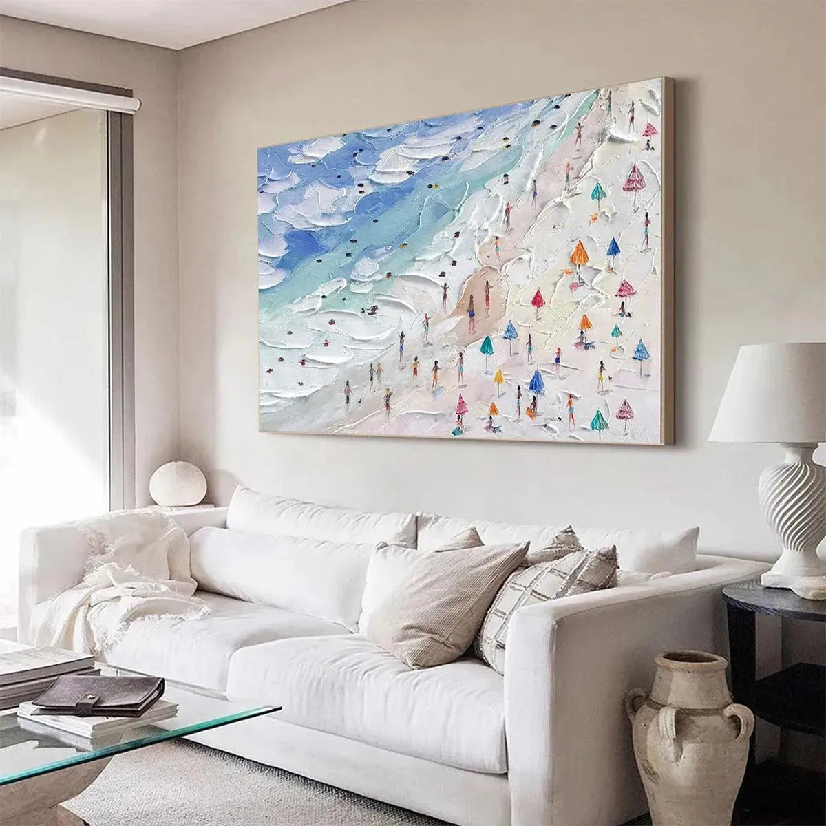 Beach Day Vibes hand-painted ocean blue, ivory and soft neutral tones textured beach scene painting rolled canvas option