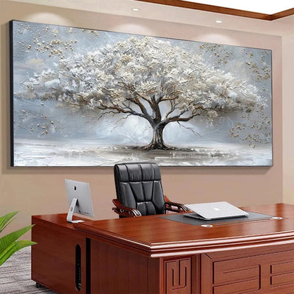 Silver Lining hand-painted white, soft grey and gold textured tree painting rolled canvas option