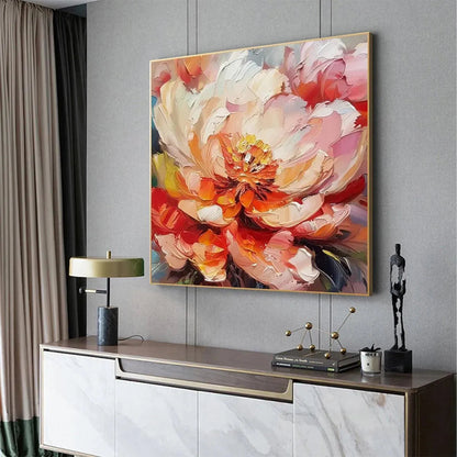 Orange and Pink Peony Impasto Painting – Blooming Peony