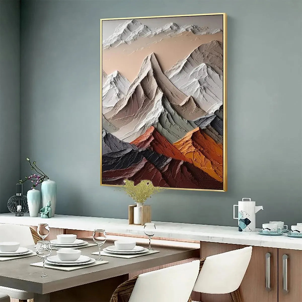 Majestic Peaks hand-painted slate blue, ivory and soft grey textured mountain landscape painting shown with wood frame