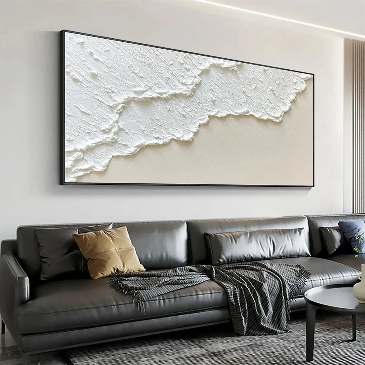 White Wave hand-painted white and beige textured ocean wave painting shown with wood frame