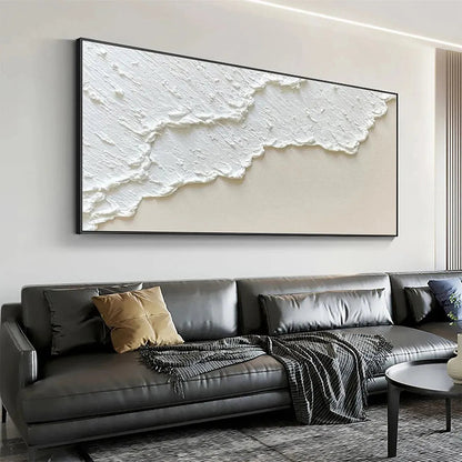 White Wave hand-painted white and beige textured ocean wave painting shown with wood frame