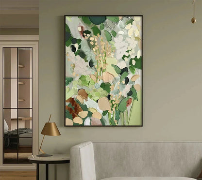 Green and Gold Abstract Meadow Textured Painting – Whispering Meadow