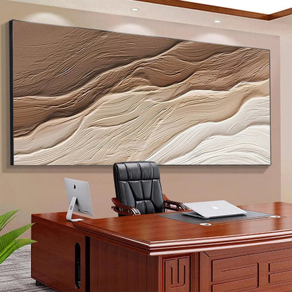 Desert Flow hand-painted beige and earth brown textured coastal landscape painting shown with wood frame
