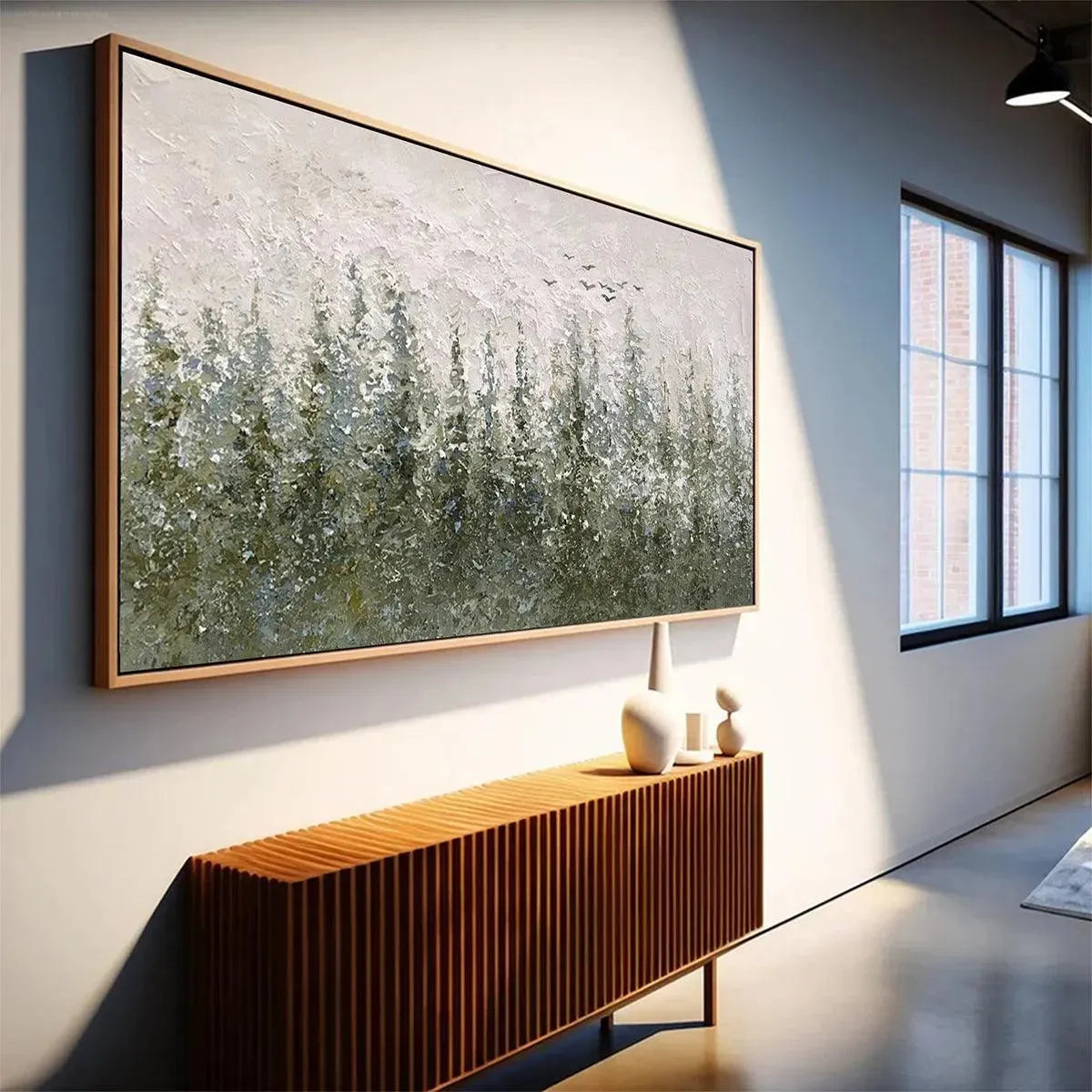 Misty Forest hand-painted forest green, soft grey and warm earth tones textured forest landscape painting shown with wood frame