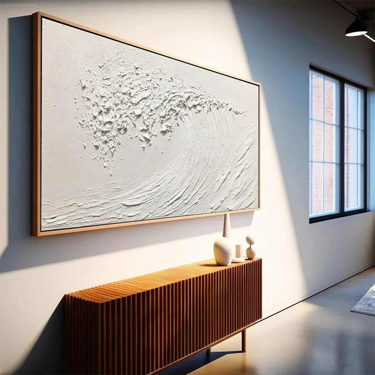 White Wave hand-painted white and soft beige textured ocean wave painting shown with white frame
