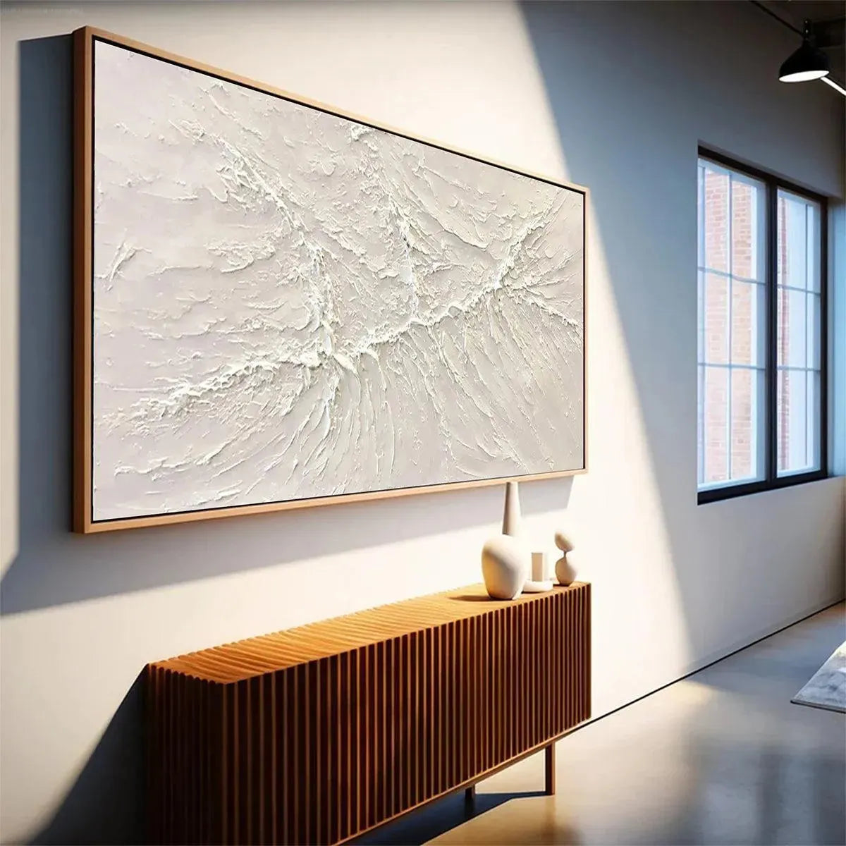 White Sands hand-painted white and soft beige textured coastal abstract painting shown with wood frame