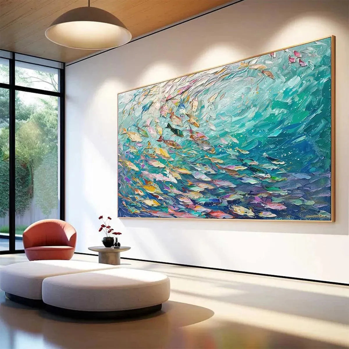Ocean Currents hand-painted ocean blue, ivory and soft neutral tones textured coastal abstract painting shown with black frame