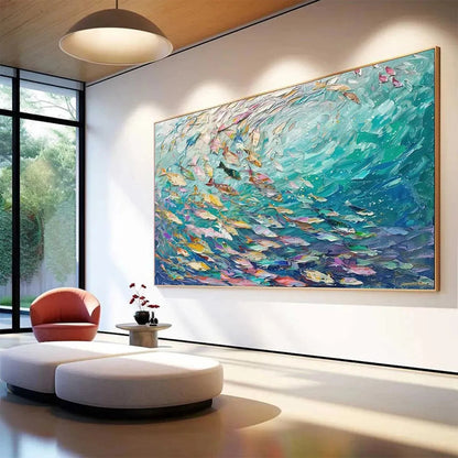 Ocean Currents hand-painted ocean blue, ivory and soft neutral tones textured coastal abstract painting shown with black frame