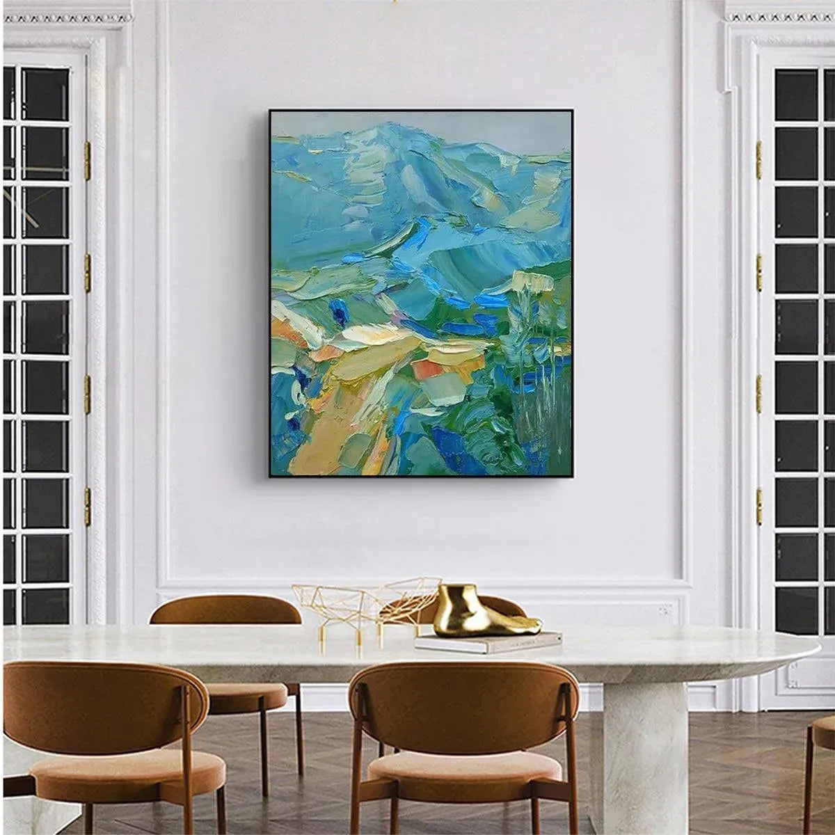 Blue Ridge Mountains hand-painted ocean blue and ivory textured mountain landscape painting shown with wood frame